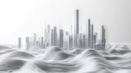 Poster - Futuristic city skyline on wavy terrain, showcasing unique architectural design
