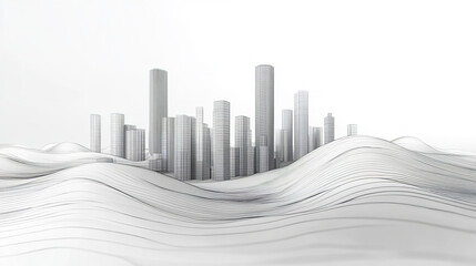 Poster - Futuristic city skyline with wavy terrain and wireframe design, evoking sense of innovation