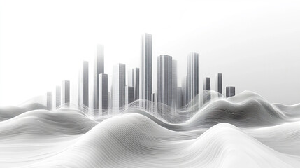 Poster - Futuristic city skyline with wavy terrain and abstract design elements