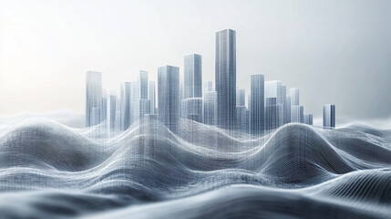 Aufkleber - Futuristic city skyline on wavy terrain, showcasing digital landscape with depth