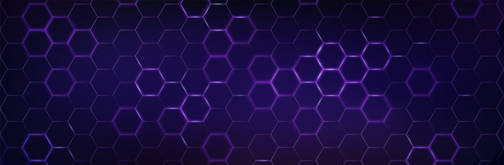 Poster - Purple neon hexagon pattern for futuristic game background - glowing geometric honeycomb grid with violet light edges on dark surface. Digital technology wallpaper with hexagonal cells for sci fi.