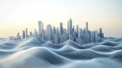 Aufkleber - Futuristic city skyline on wavy terrain, showcasing blend of architecture and nature