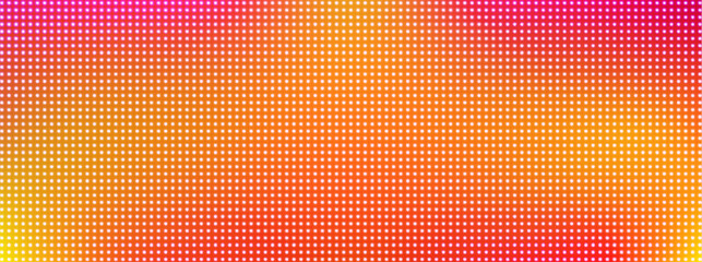 Poster - LED screen dot pattern, grid of glowing lights on orange background, blurred gradient effect. Abstract digital texture, technology backdrop with pixels, vibrant neon colors. Electronic display concept