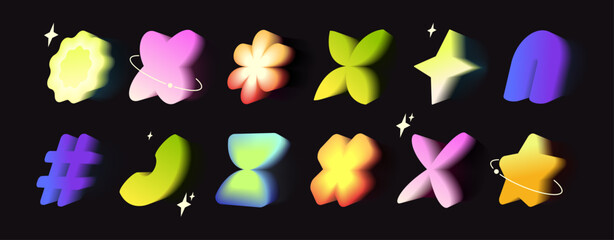 Poster - Vibrant y2k gradient icons with soft aura glow on black. Heart and flower, star, hashtag and abstract shapes in neon colors. Nostalgic digital elements for retro futuristic design aesthetics.