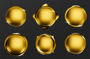 Poster - Golden metal ring frames with shiny sparkle effects on transparent background - luxury round badges, circular medals, coin borders for premium design. Glossy brass frame set for certificates or awards