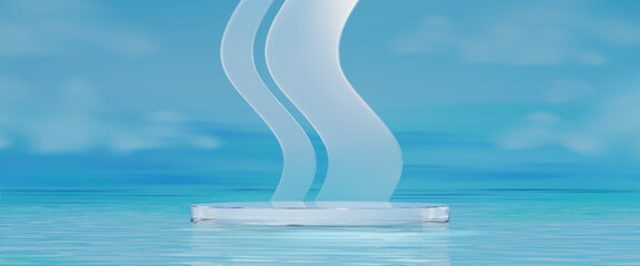 Poster - Modern glass podium display with curved backdrop floating on water surface - transparent platform reflecting aqua waves for product presentation. Minimalist showcase stage with flowing design elements