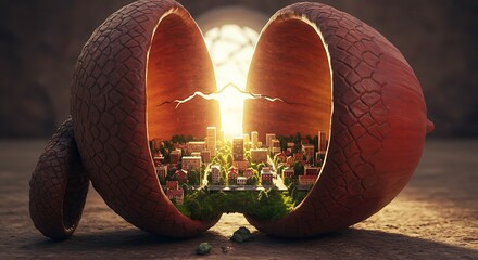 Poster - Miniature Cityscape Hidden Inside a Giant Fruit; Surreal Digital Art