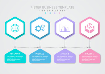 Wall Mural - Infographic template 4 steps business planning. Multicolored hexagons below and white hexagons above. Icon in the center. Multicolored triangles below and white text in the center.