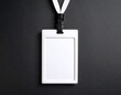 Empty layout layout on black background. Common blank label name tag hanging on neck 