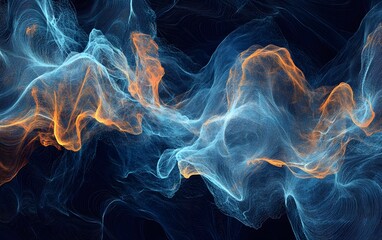 Poster - An abstract composition of flowing blue and orange smoke-like shapes, creating a mesmerizing visual effect. Ideal for backgrounds, artistic projects, or modern designs.