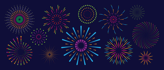 Wall Mural - Set of new year firework vector illustration. Collection of glow vibrant colorful fireworks on dark background. Art design suitable for decoration, print, poster, banner, wallpaper, card, cover.