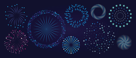 Wall Mural - Set of new year firework vector illustration. Collection of glow vibrant colorful fireworks on dark background. Art design suitable for decoration, print, poster, banner, wallpaper, card, cover.