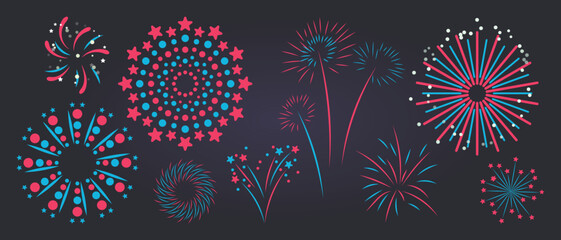 Wall Mural - Set of new year firework vector illustration. Collection of glow vibrant colorful fireworks on dark background. Art design suitable for decoration, print, poster, banner, wallpaper, card, cover.