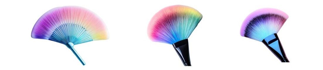 Fototapete - set of Colorful fan-shaped makeup brushes against a white background.