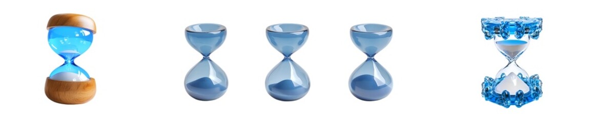 Fototapete - set of classic hourglasses in shades of blue against a white backdrop.