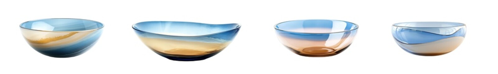 Fototapete - set of oval bowls with variegated blue and beige patterns. isolated on transparent background