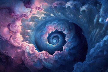 Poster - Mesmerizing swirling waves of blue and pink create an enchanting abstract art piece that captivates the viewer's imagination and evokes a sense of wonder and tranquility within a serene environment