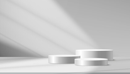 Poster - White Background,Light,Shadow on 3d Grey Round Podium Background,Abstract minimalist display pedestal platform with white wall interior studio,Vector stage mockup for cosmetic product