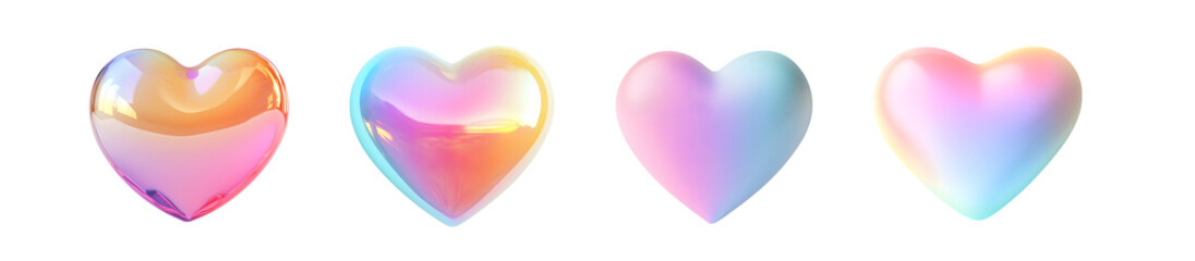 Fototapete - set of vibrant, iridescent hearts on a white background.