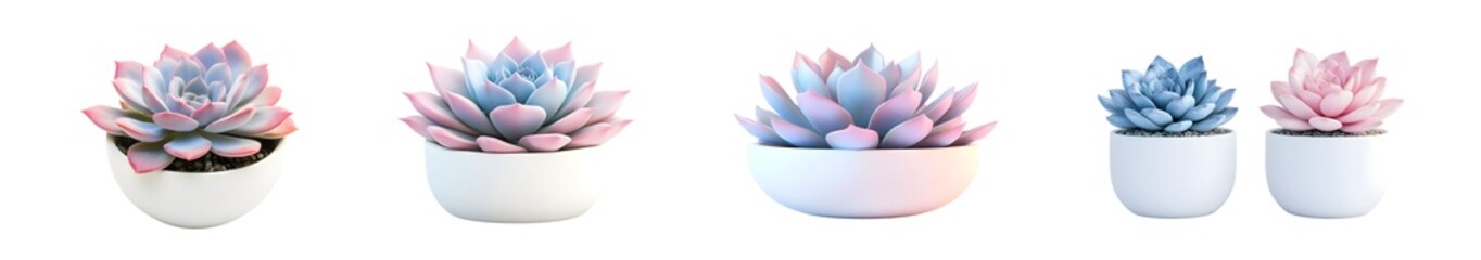 Fototapete - set of Pastel-colored succulents in white pots. isolated on transparent background