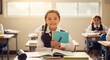 © Khamidhilal - Smiling schoolgirl in uniform holding books in a bright classroom setting