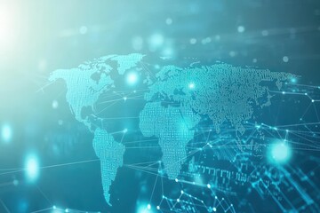 Poster - Digital world representation on a light blue backdrop with data connections and global mapping