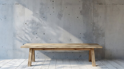Poster - A wooden table stands in a room with a concrete wall and white wood flooring, illuminated by natural light and casting soft shadows, creating a minimalist and rustic aesthetic