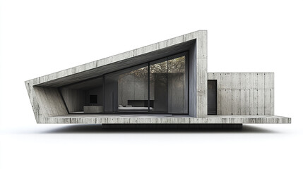 Poster - Modern concrete house with unique angular design and large glass windows, showcasing minimalism