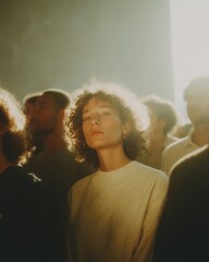 Poster - Diverse group of people standing in line holding paper ballots at indoor polling station, promoting inclusive democracy with warm natural light
