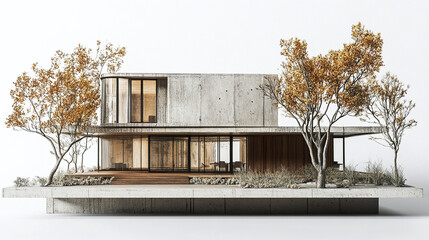Poster - Modern concrete house with autumn trees and minimalist design, showcasing elegance