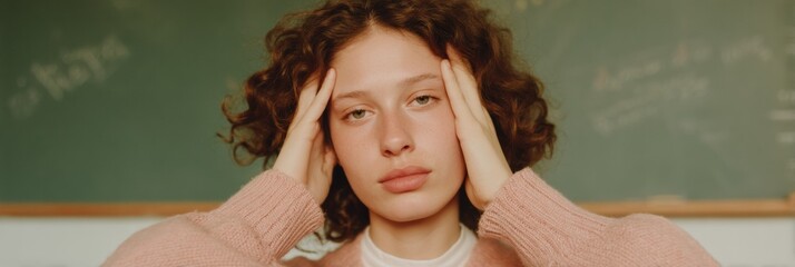 Aufkleber - Stressed Student Experiencing Performance Anxiety Pressing Temples in Classroom with Chalkboard Scribbles - Academic Pressure and Mental Health Awareness