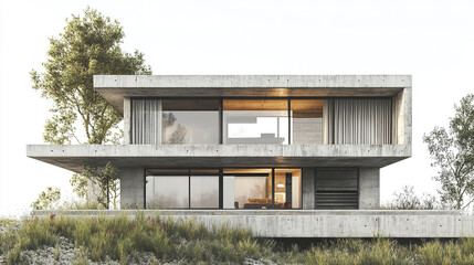 Poster - Modern concrete house with large windows and greenery surrounding it, showcasing contemporary