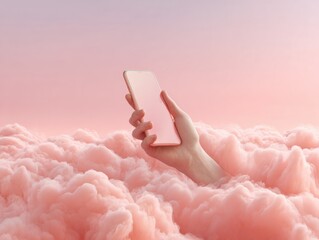 Poster - Modern mobile weather radar app displayed on smartphone held above soft pink clouds, symbolizing digital safety and tech lifestyle innovation