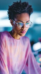 Poster - Ethereal female engineer analyzing satellite data with soft pastel hues in aerospace mission control for advanced space tech and scientific innovation