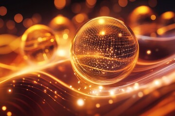 Poster - Laws of physics create an enchanting abstract background with spheres glowing in amber light and intricate patterns, evoking a sense of cosmic wonder and energy