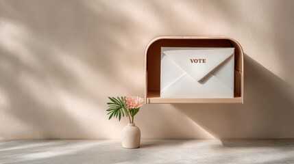 Poster - Modern Vote By Mail Concept with White Envelope and Mailbox Flag in Minimalist Sunlit Setting Promoting Convenient Civic Participation