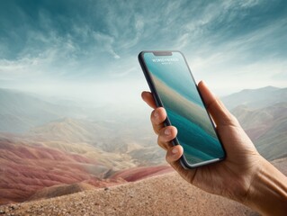 Aufkleber - Modern smart phone held in hand with digital screen outdoors in desert landscape, showcasing mobile connectivity and advanced communication technology