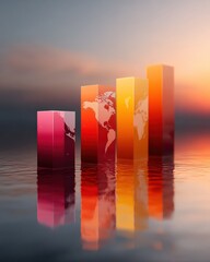 Aufkleber - Vibrant Trade Tariffs Bar Graph with World Map Overlay and Reflective Water Surface Trendy Data Visualization for Global Market Analysis and Economic Forecasting