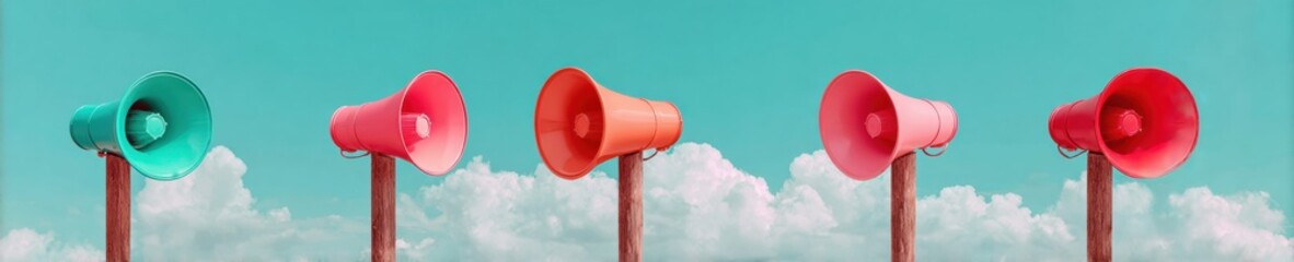 Aufkleber - Tornado Warning with Vintage Emergency Sirens on Wooden Poles under Cloudy Sky Community Safety and Coordinated Alert System for Modern Preparedness