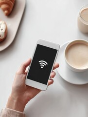 Leinwandbilder - Industrial Minimalist Smartphone Hotspot with Active WiFi in Coffee Shop Setting, Promoting Reliable Public Internet for Modern Hospitality Spaces