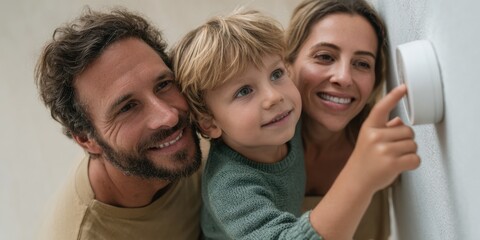 Poster - Family Adjusting Smart Thermostat Together in Bright Modern Home Interior with Sustainable Energy Focus and Vibrant Daylight Aesthetic