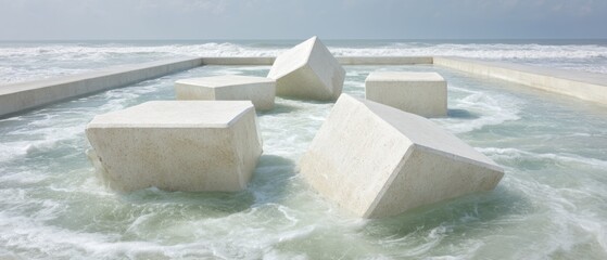 Poster - Modern Geometric Concrete Tetrapods in Turbulent Ocean Water for Sustainable Shoreline Defense and Coastal Engineering Innovation