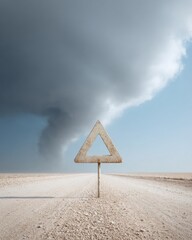 Aufkleber - Moody Tornado Warning Sign Bent by Strong Winds on Dirt Road with Storm Clouds for Emergency Preparedness and Severe Weather Impact Awareness