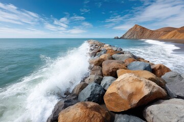 Aufkleber - Coastal Erosion Control with Natural Stone Boulder Barrier Along Rugged Shoreline - Sustainable Environmental Protection and Ocean Resilience Concept