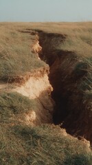 Aufkleber - Seismic hazard deep ground fissures revealing layered soil and wild grasses in natural terrain symbolizing tectonic displacement and eco awareness
