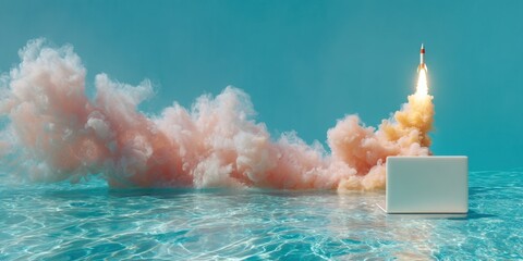 Fototapete - Minimalist Rocket Launching from Laptop with Sculptural Smoke Trail Symbolizing Digital Transformation and Online Business Acceleration in Tech Trend