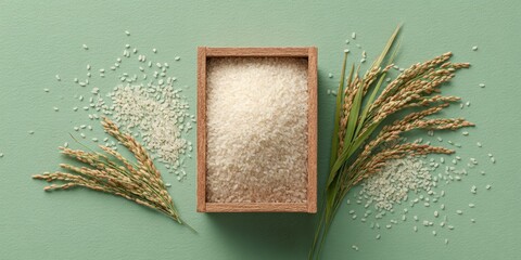 Poster - Premium short-grain Japanese rice grains in traditional wooden box with paddy stalks, symbolizing artisanal farm-to-table quality and sustainable gourmet harvest
