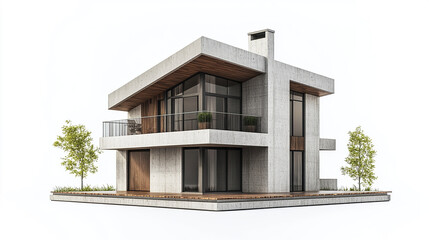 Poster - Modern concrete house with large windows and balcony, surrounded by greenery