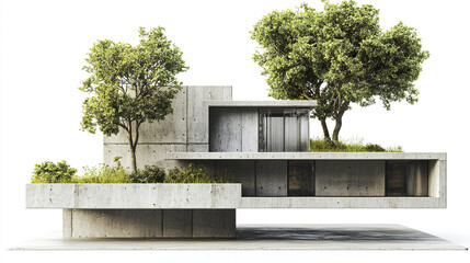 Poster - Modern concrete house with greenery and trees, showcasing innovative architecture and design
