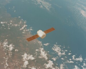 Poster - Orbital Satellite with Extended Solar Panels Above Earth Curvature Representing Advanced Global Telecommunications and Space Industry Connectivity